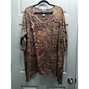 Catherines Size 18/20W (1X) Brown Animal Abstract Embellished Asymmetric Hem Top